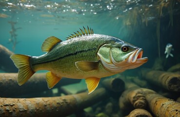 Obraz premium Close up underwater view of large green largemouth bass fish swimming in clear freshwater lake near submerged logs and aquatic plants. Another small fish swims in background.