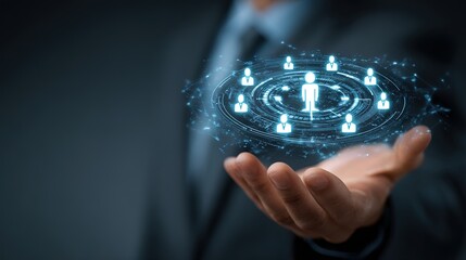 Human Hand Embraces Networking: A corporate professional extends a hand, cradling a digital representation of interconnected individuals, showcasing the power of connection in the modern world.