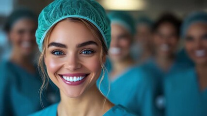 Smiling nurse in scrubs with team in background at hospital during busy day
