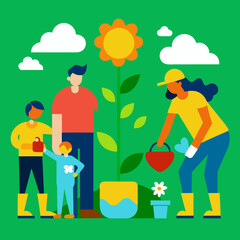 Family gardening together with a giant flower and clouds