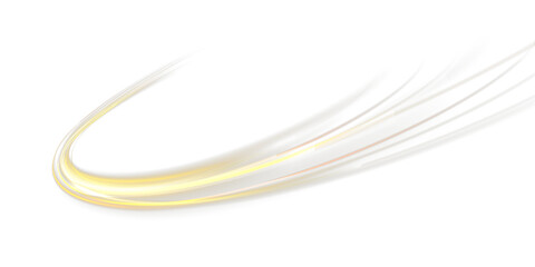 Gold swirl trail effect. Neon light line effect with glow and speed. Abstract yellow wave with magical swirl, trail and sparkle.