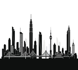 A striking vector illustration of the Shanghai cityscape, showcasing famous landmarks like the Oriental Pearl Tower, modern skyscrapers, and bridges. Ideal for urban design, travel, or business visual