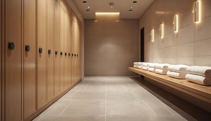 Fototapeta premium Modern locker room features clean wood lockers and long bench with neatly folded white towels. Neutral toned space offers relaxing atmosphere for changing and preparing for wellness activities.