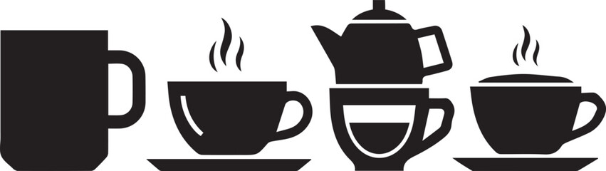 Obraz premium Black silhouette icons of coffee cups and teapot on white background