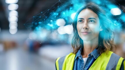 A young woman in safety gear represents leadership and progress in a technology driven industrial environment. Futuristic digital elements highlight the integration of smart solutions - Powered by Adobe