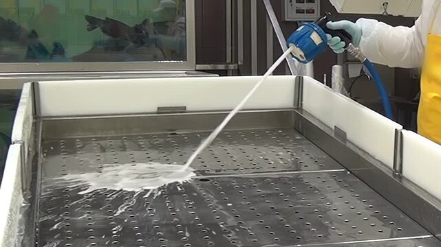 A worker cleans and sanitizes a metal tank in a Fish Hatchery, using a powerful spray nozzle to ensure a clean and healthy environment for the fish nearby in holding tanks.