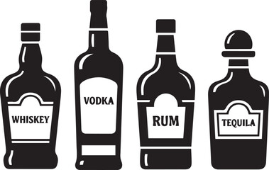 Four silhouetted bottles of liquor including whiskey vodka rum and tequila