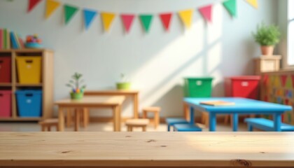 Fototapeta premium Empty wooden table surface in a bright kindergarten classroom. Colorful decorations and child furniture create a festive atmosphere. Ideal for product displays or creative projects.