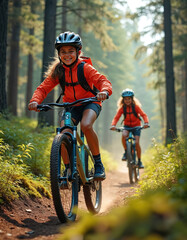 Fototapeta premium Two kids with helmets ride mountain bikes on a dirt path through a forest. They wear orange jackets and backpacks enjoying an outdoor adventure among tall trees.