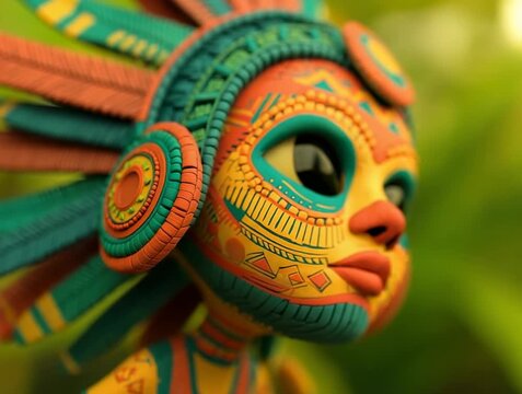 Brightly colored Aztec style figure stands out among green plants in a close up shot