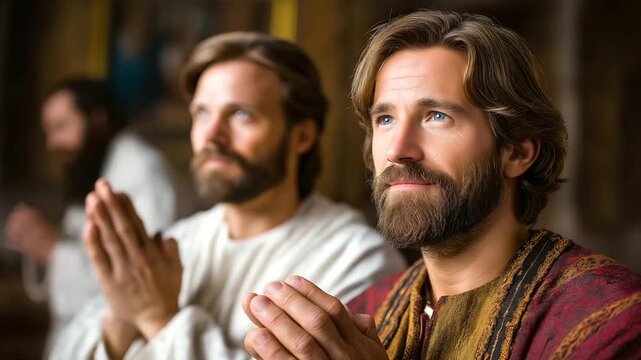 Two men apostles, ancient robes wearing, praying sick woman, biblical times representation, healing faith concept, spiritual intercession display, faceless figures praying, defocus