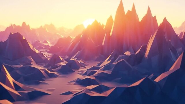 Low poly landscape of a mountain range at sunset with warm orange and purple hues