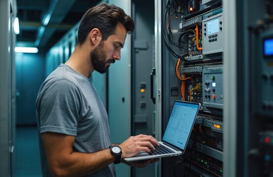 Man engineer inspects tech equipment with laptop in data center server room. Technician checks network connection server cabinet. IT specialist works with modern tech. - Powered by Adobe