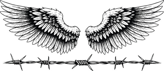 Angel Wings and Barbed Wire Detailed Vector Engraving Illustration, Feathered Freedom and Entrapment Contrast Drawing, Vintage Tattoo Art Design Element
