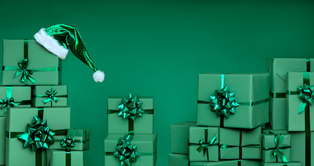 Green Christmas Gift Boxes With Emerald Santa Hat on Monochrome Green Background, Minimal Festive...