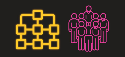 Neon Organization Structure & Team Icons — Company Hierarchy, Business Management, Corporate Team Vector on Dark Background