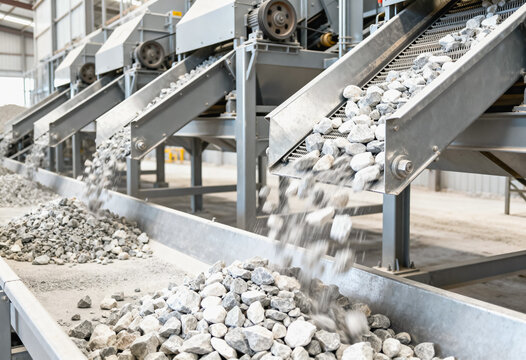 Industrial mineral processing plant with several metal chutes transporting gray rocks under a high ceiling structure in a well-lit facility with large conveyor belts
