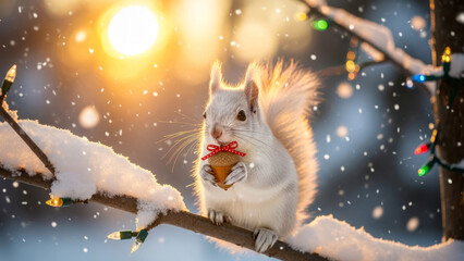 Adorable white squirrel holding an acorn tied with red ribbon standing on a tree branch covered in heavy snow during winter sunset with falling snowflakes and glowing bokeh lights background