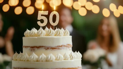 Celebration of a 50th birthday with cake and lights in a party setting at a festive venue