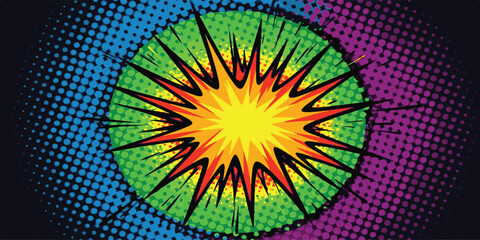 Abstract colorful background illustration with bright yellow and orange sunburst circles, an energy pattern explosion of light rays