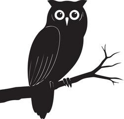 Owl sitting on branch silhouette black vector on white background