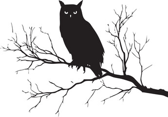 Owl sitting on branch silhouette black vector on white background