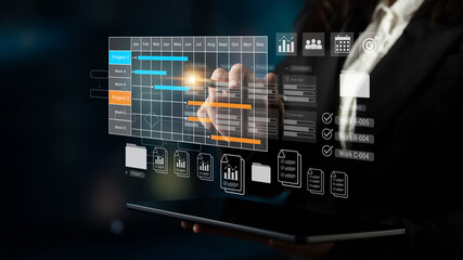 Digital visualization of multiple project timelines with progress tracking, documents, and team collaboration symbols Parse