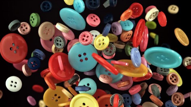 Multi-colored sewing buttons fly on a black background. Filmed on a high-speed camera at 1000 fps. High quality FullHD footage