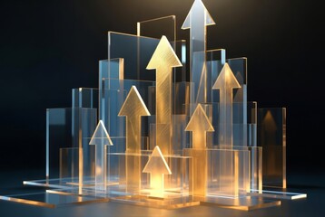 Ascending Arrow: An eye-level shot captures a collection of transparent glass structures topped with illuminated golden arrows pointing upward, set against a dark backdrop.