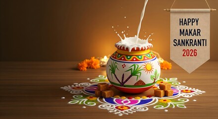 Colorful decorated Makar Sankranti pot overflowing with milk, placed on vibrant rangoli with jaggery cubes and marigold flowers, celebrating the harvest festival and welcoming Makar Sankranti 2026