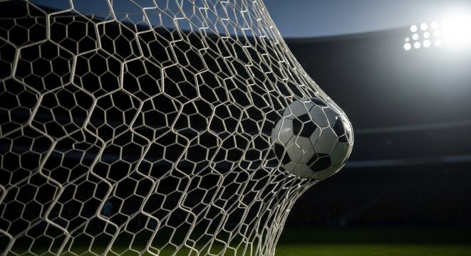 A close-up shot of a soccer ball nestled inside the goal net during a match. - Powered by Adobe