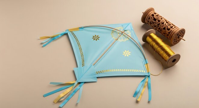 Beautiful blue decorative kite with golden patterns placed beside traditional wooden manja spools, symbolizing Makar Sankranti and Uttarayan kite-flying celebrations in India