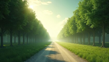 Tree lined gravel road leads to bright horizon. Rich green grass flanks path. Sunlight filters through canopy creating peaceful scene. Journey into nature.