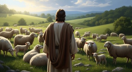 A serene depiction of Jesus Christ, the shepherd, overlooking his flock of sheep in a lush green pasture.