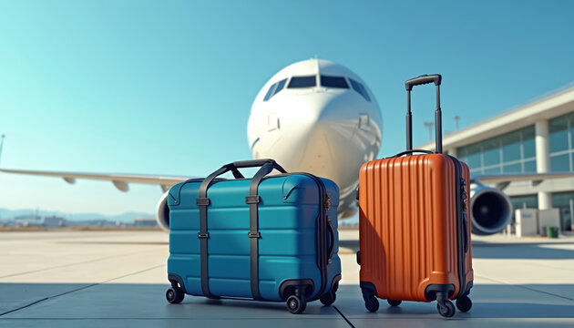 Illustration of airplane in airport. Two suitcases are ready for travel. Plane on the runway prepares for flight. Concept of tourism trip. Travel luggage at airport.