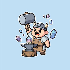 Cartoon Blacksmith Crafting Crystals with Hammer.