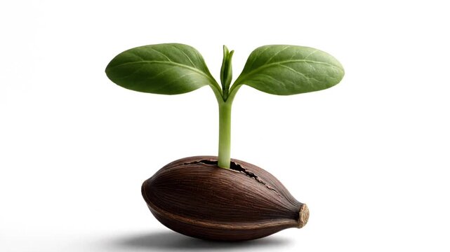 A single dark brown textured seed rests on a seamless white background with a small green sprout emerging from its cracked surface
