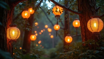 Numerous glowing orange paper lanterns hang from deep forest trees. Warm light illuminates evening darkness, creating magical, enchanting, festive ambiance. Beautiful decorative lamps brighten