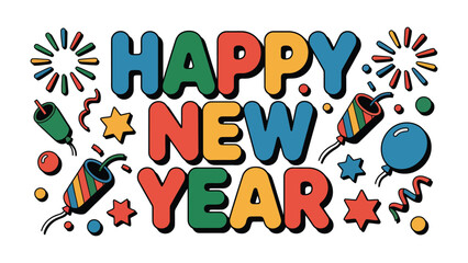 Festive New Year Greeting: A vibrant, eye-catching illustration spelling out Happy New Year, adorned with colorful fireworks and festive confetti, embodying the joy of celebration.