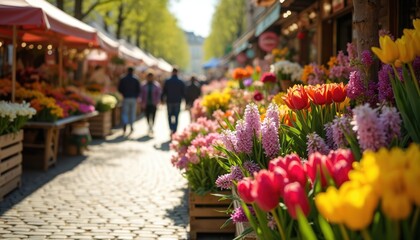 Flower market in european city. Vivid fresh flowers displayed at outdoor market. People walk down street with stalls. Spring fair sells colorful floral arrangements in springtime.