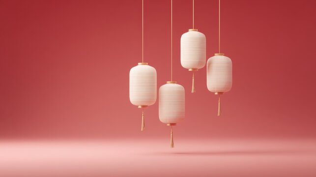 Four lanterns hanging from the ceiling, each with a gold chain