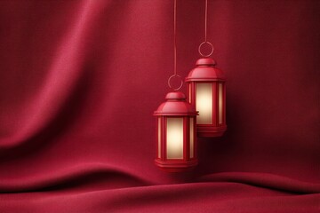 Two red lanterns hanging from a red background