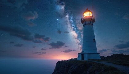 Tall white lighthouse shines light across dark ocean under milky way sky. Coastal tower stands on cliff edge, guiding ships at sea. Seascape shows calm water and starry night.