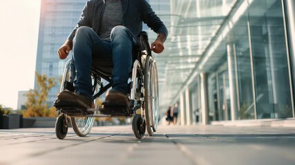 A determined individual in a wheelchair navigates a contemporary cityscape, representing independence and resilience. The scene emphasizes accessibility, diversity, and urban innovation - Powered by Adobe
