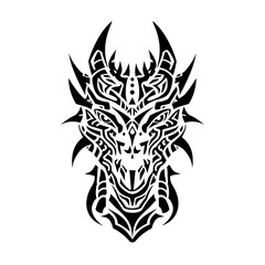 Dynamic tribal dragon artwork fantasy realm graphic design bold monochrome style artistic perspective mythical themes