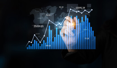 A professional hand interacts with digital financial graphs showcasing growth trends and data analysis set against a dark background with a world map. Scalp