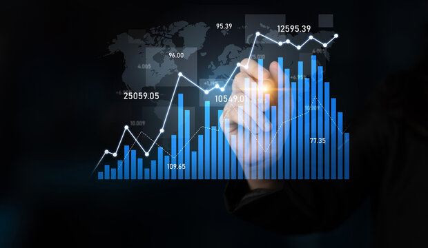 A professional hand interacts with digital financial graphs showcasing growth trends and data analysis set against a dark background with a world map. Scalp - Powered by Adobe