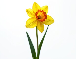 Bright yellow daffodil flower with orange center on plain white background. Single bloom stem with green leaves symbolizes spring season and new beginnings, perfect for floral themes.