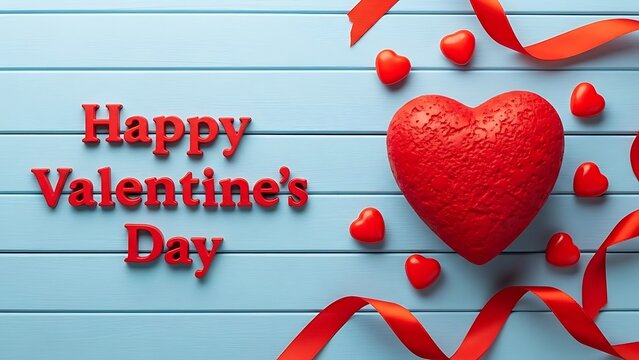 Happy valentines day with red heart and ribbon on blue wooden background