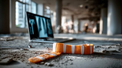 Abandoned office space with a laptop and safety hazard tape on the floor